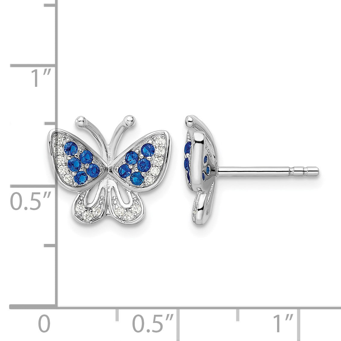 Sterling Silver Rhodium-plated Blue & White CZ Butterfly Post Earrings