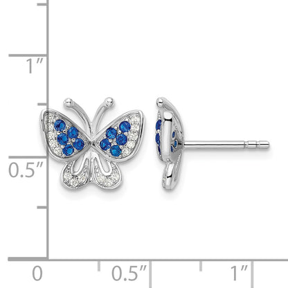 Sterling Silver Rhodium-plated Blue & White CZ Butterfly Post Earrings