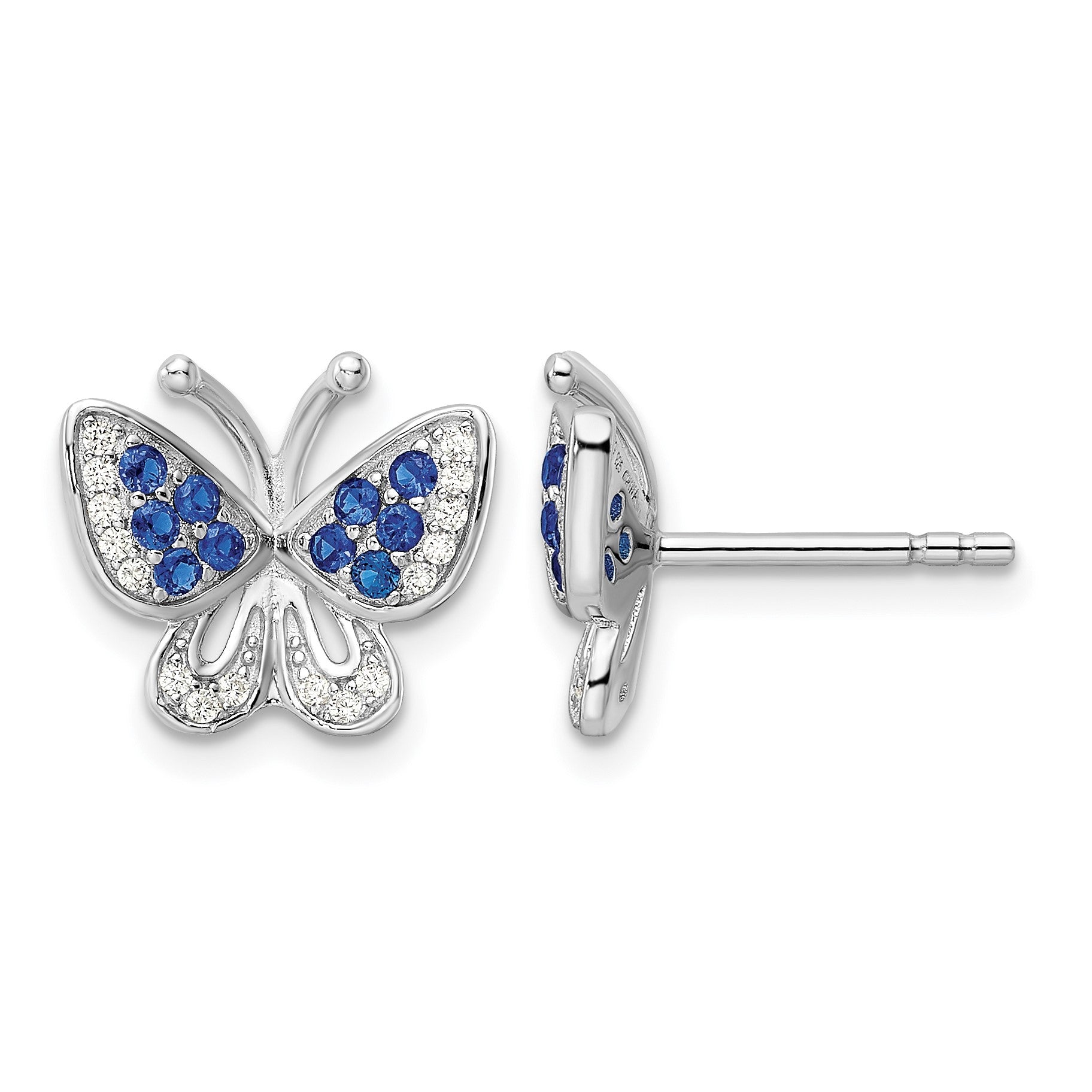 Sterling Silver Rhodium-plated Blue & White CZ Butterfly Post Earrings