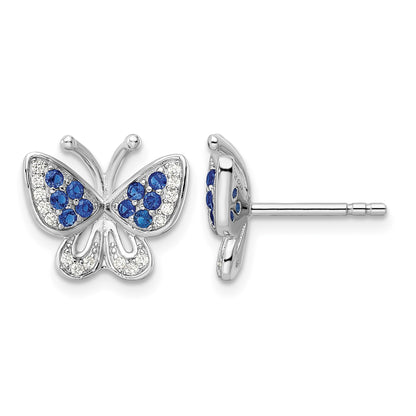 Sterling Silver Rhodium-plated Blue & White CZ Butterfly Post Earrings