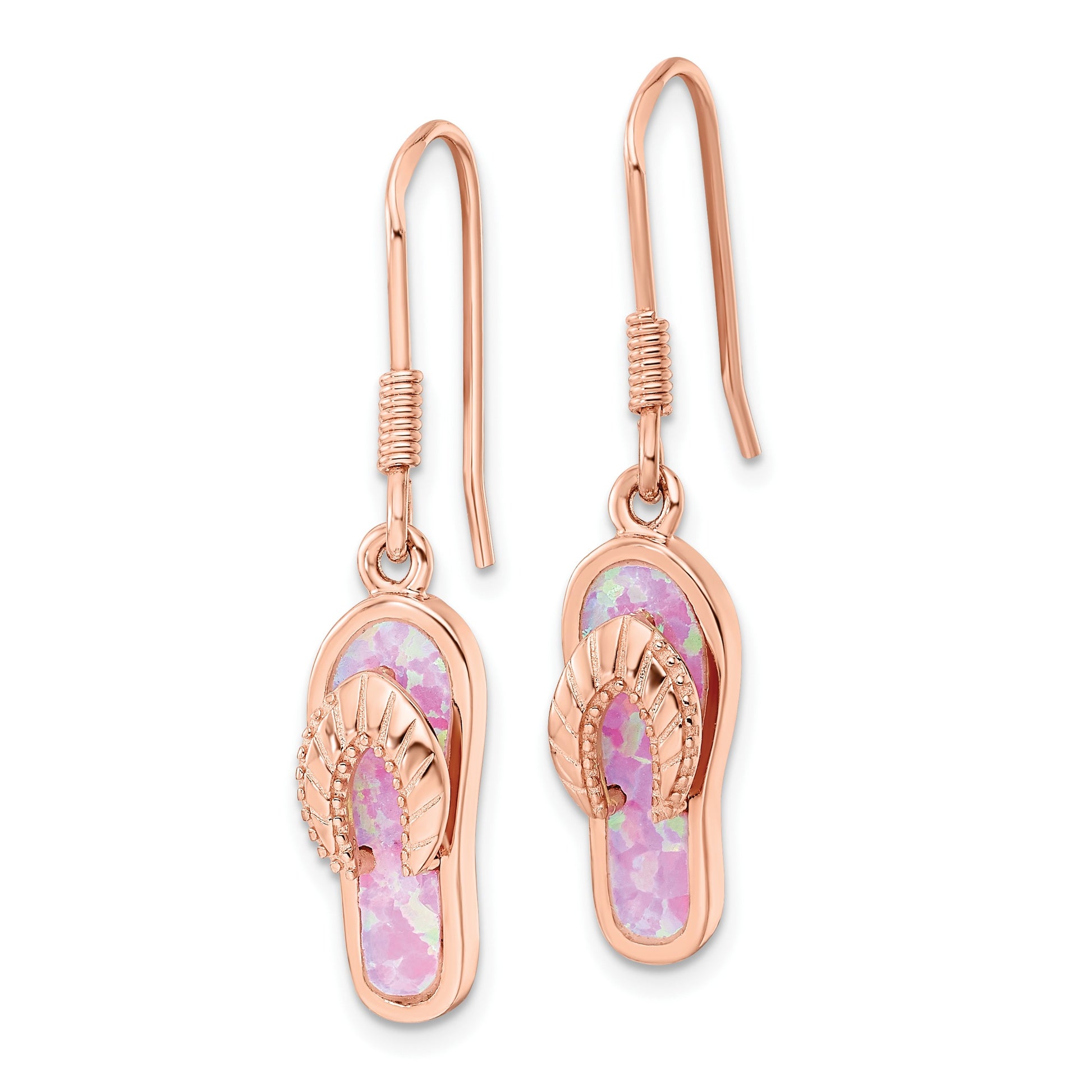 Sterling Silver Rose-tone Pink Created Opal Inlay Flip Flop Dangle Earrings