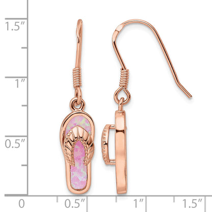 Sterling Silver Rose-tone Pink Created Opal Inlay Flip Flop Dangle Earrings