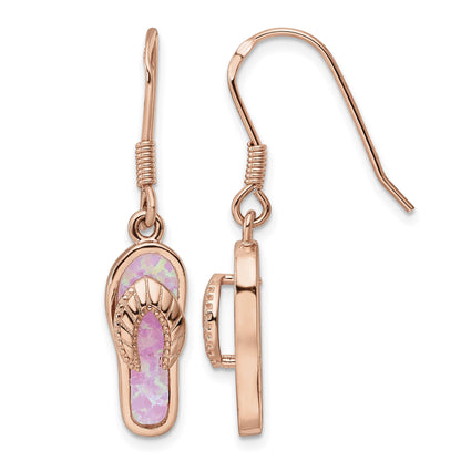 Sterling Silver Rose-tone Pink Created Opal Inlay Flip Flop Dangle Earrings