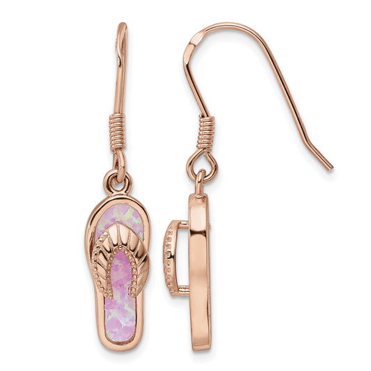 Sterling Silver Rose-tone Pink Created Opal Inlay Flip Flop Dangle Earrings