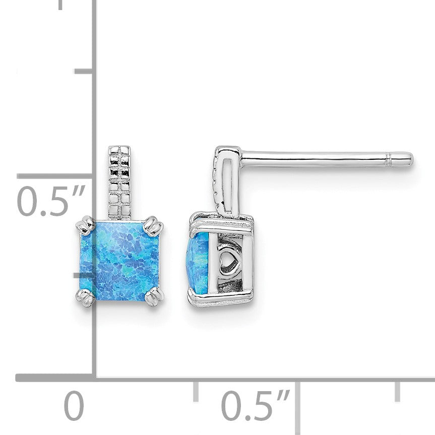 Sterling Silver Rhodium-plated Square Blue Created Opal Post Earrings