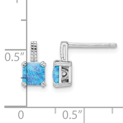 Sterling Silver Rhodium-plated Square Blue Created Opal Post Earrings