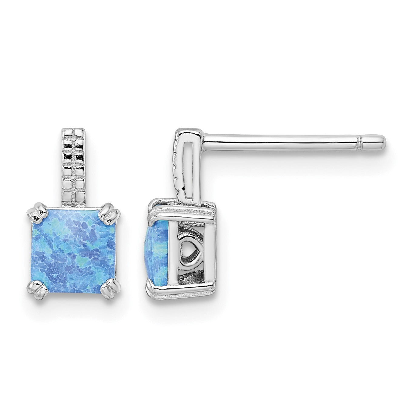 Sterling Silver Rhodium-plated Square Blue Created Opal Post Earrings