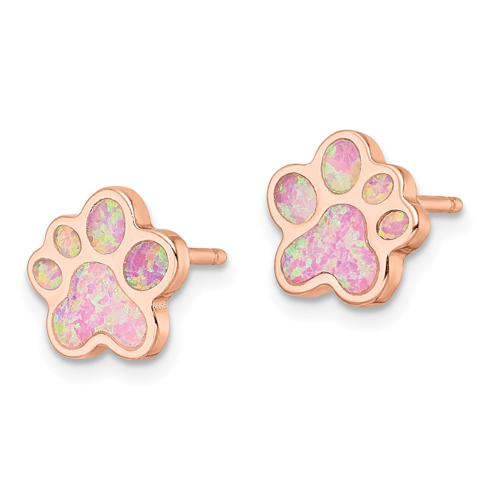 Sterling Silver Rose-plated Created Opal Inlay Pawprint Post Earrings