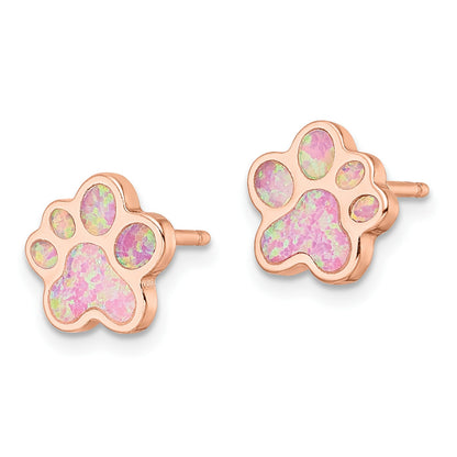 Sterling Silver Rose-plated Created Opal Inlay Pawprint Post Earrings