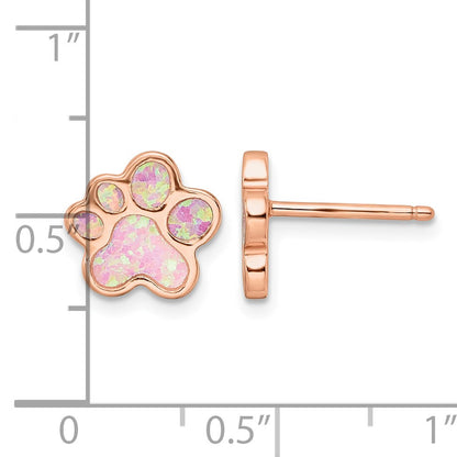 Sterling Silver Rose-plated Created Opal Inlay Pawprint Post Earrings