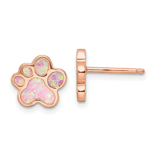 Sterling Silver Rose-plated Created Opal Inlay Pawprint Post Earrings