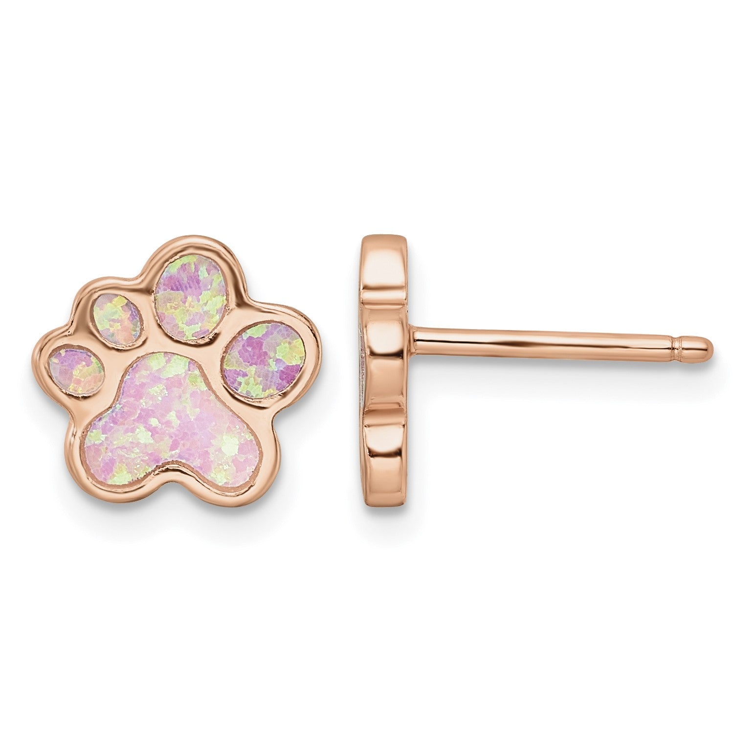 Sterling Silver Rose-plated Created Opal Inlay Pawprint Post Earrings