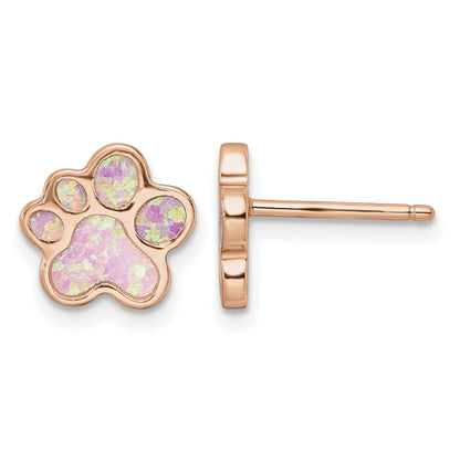 Sterling Silver Rose-plated Created Opal Inlay Pawprint Post Earrings
