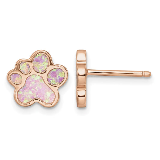 Sterling Silver Rose-plated Created Opal Inlay Pawprint Post Earrings