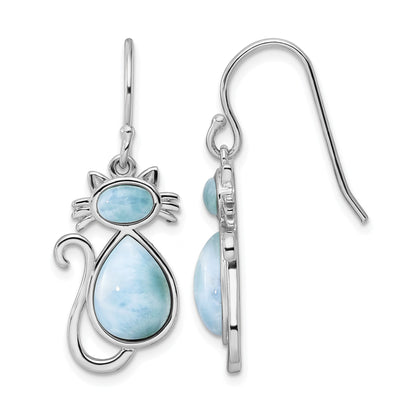 Sterling Silver Rhodium-plated Polished Larimar Cat Dangle Earrings