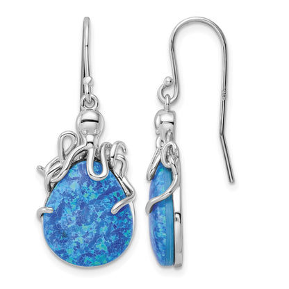 Sterling Silver Rhodium-plated Blue Lab Created Opal Octopus Dangle Earrings