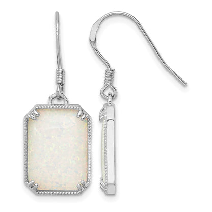 Sterling Silver RH-plated White Created Opal Beaded Border Earrings