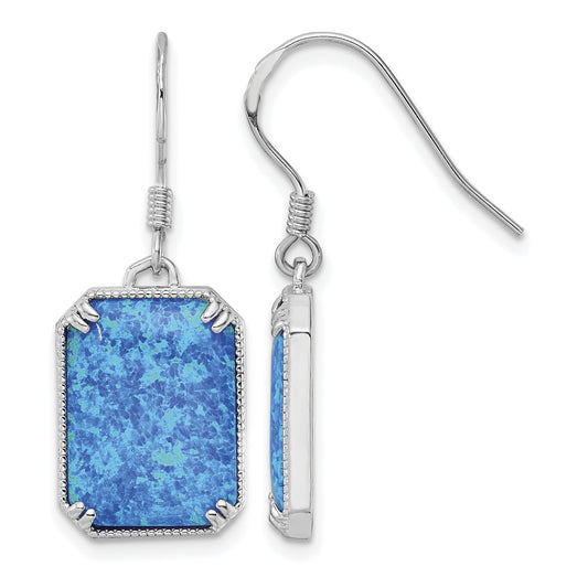 Sterling Silver RH-plated Blue Created Opal Beaded Border Earrings