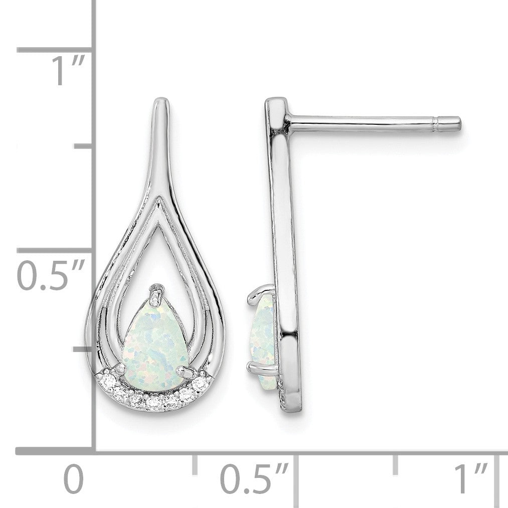 Sterling Silver RH-plated Pear Shape White Created Opal CZ Post Earrings