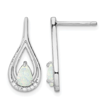 Sterling Silver RH-plated Pear Shape White Created Opal CZ Post Earrings