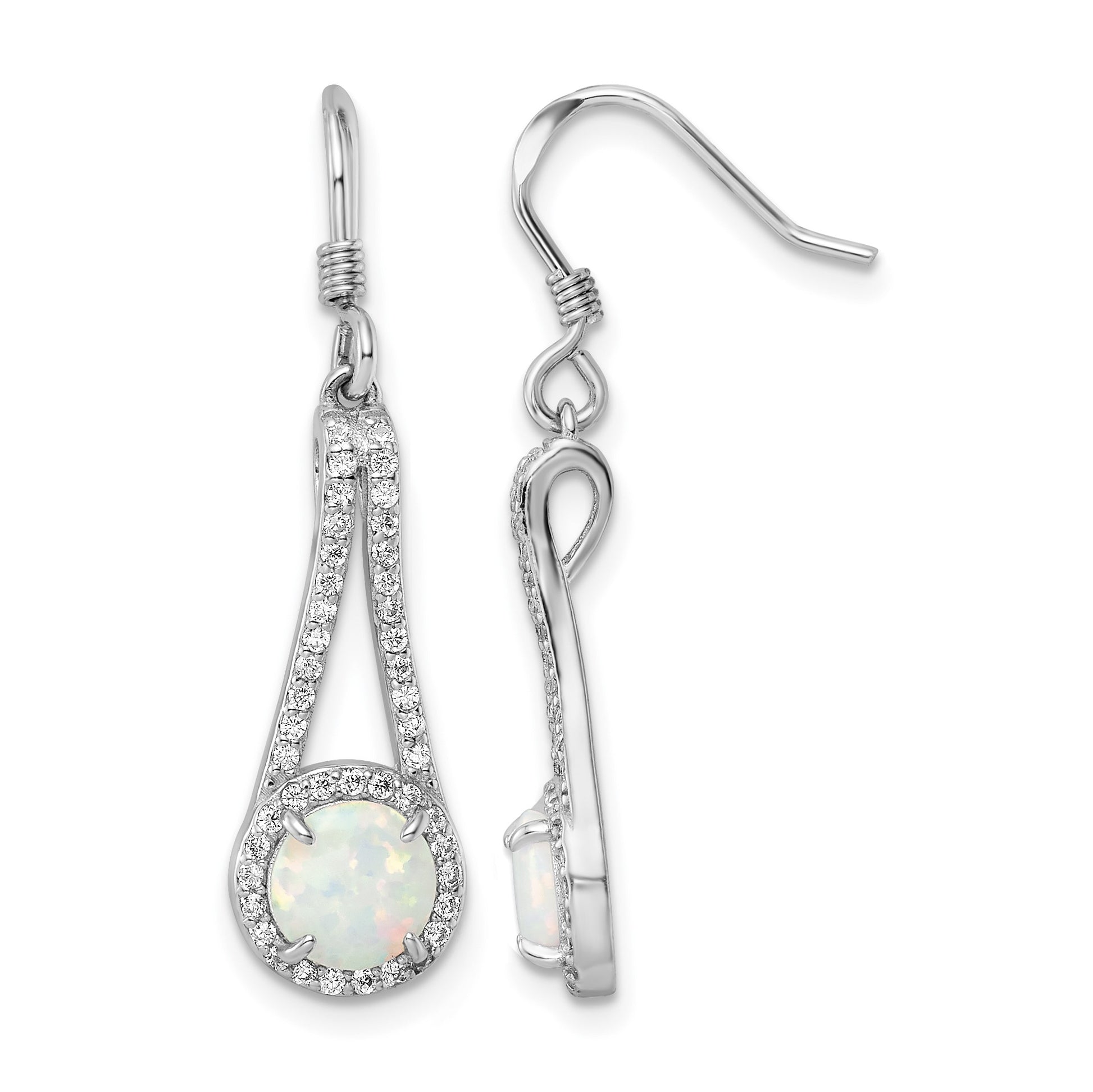 Sterling Silver Rhodium-plated CZ & White Created Opal Dangle Earrings