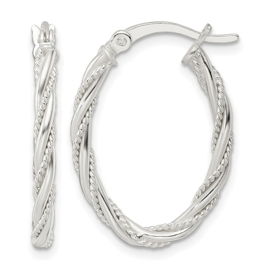 Sterling Silver Polished Twisted Rope Oval Hoop Earrings
