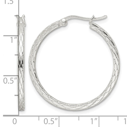 Sterling Silver Rhodium-plated Diamond Pattern Hoop Earrings