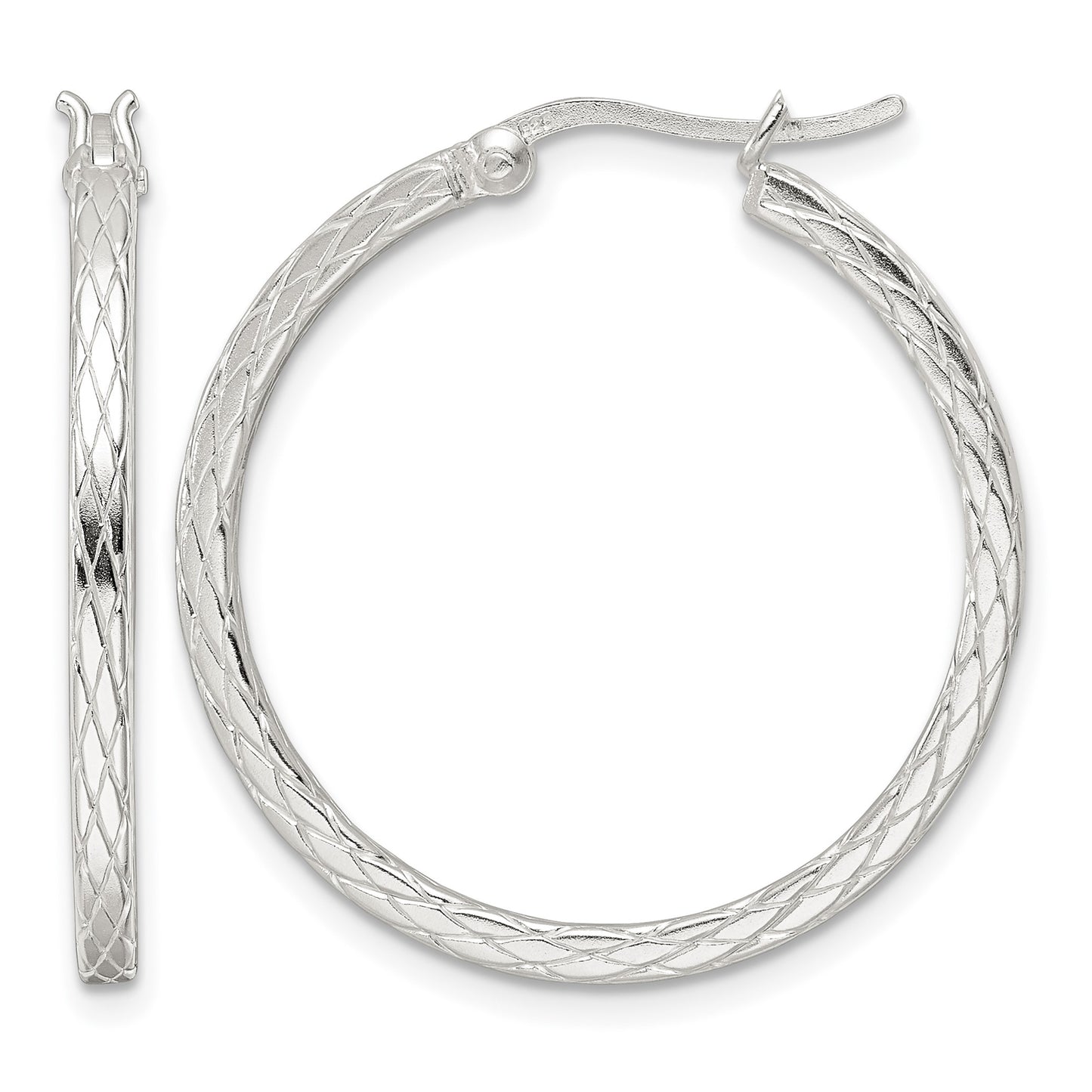 Sterling Silver Rhodium-plated Diamond Pattern Hoop Earrings