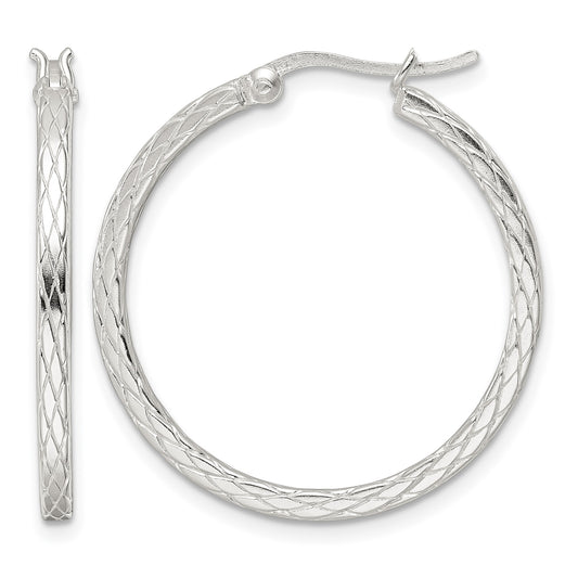 Sterling Silver Rhodium-plated Diamond Pattern Hoop Earrings