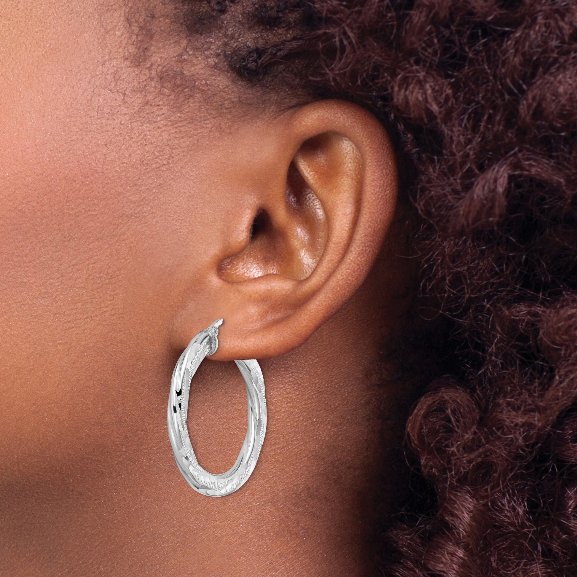 Sterling Silver Rhodium-plated 3x33mm D/C Twisted Tube Hoop Earrings