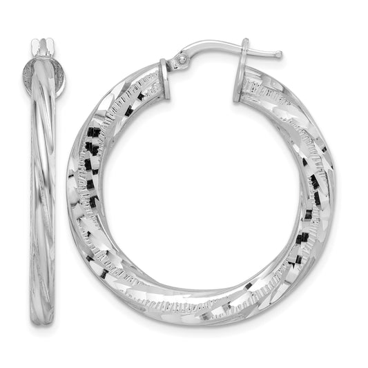 Sterling Silver Rhodium-plated 3x33mm D/C Twisted Tube Hoop Earrings