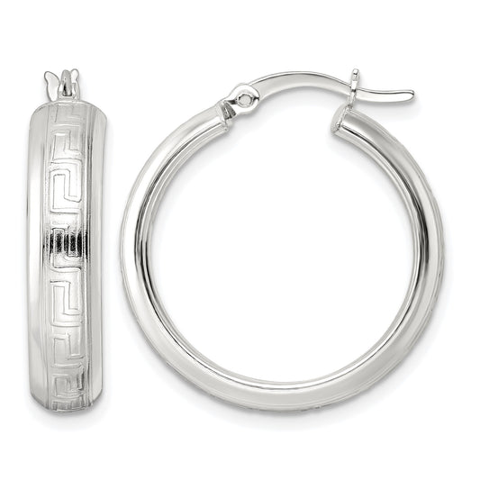 Sterling Silver Polished Greek Key Circle Hoop Earrings