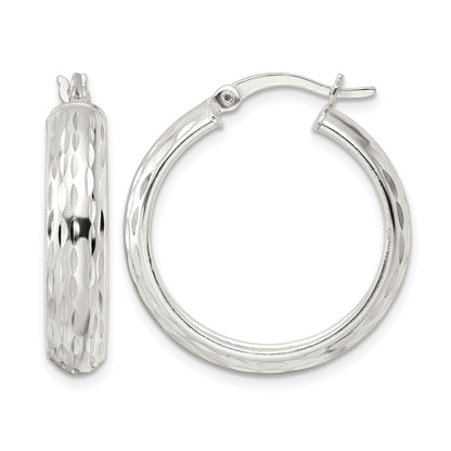 Sterling Silver Polished Diamond-cut 5x25mm Hoop Earrings