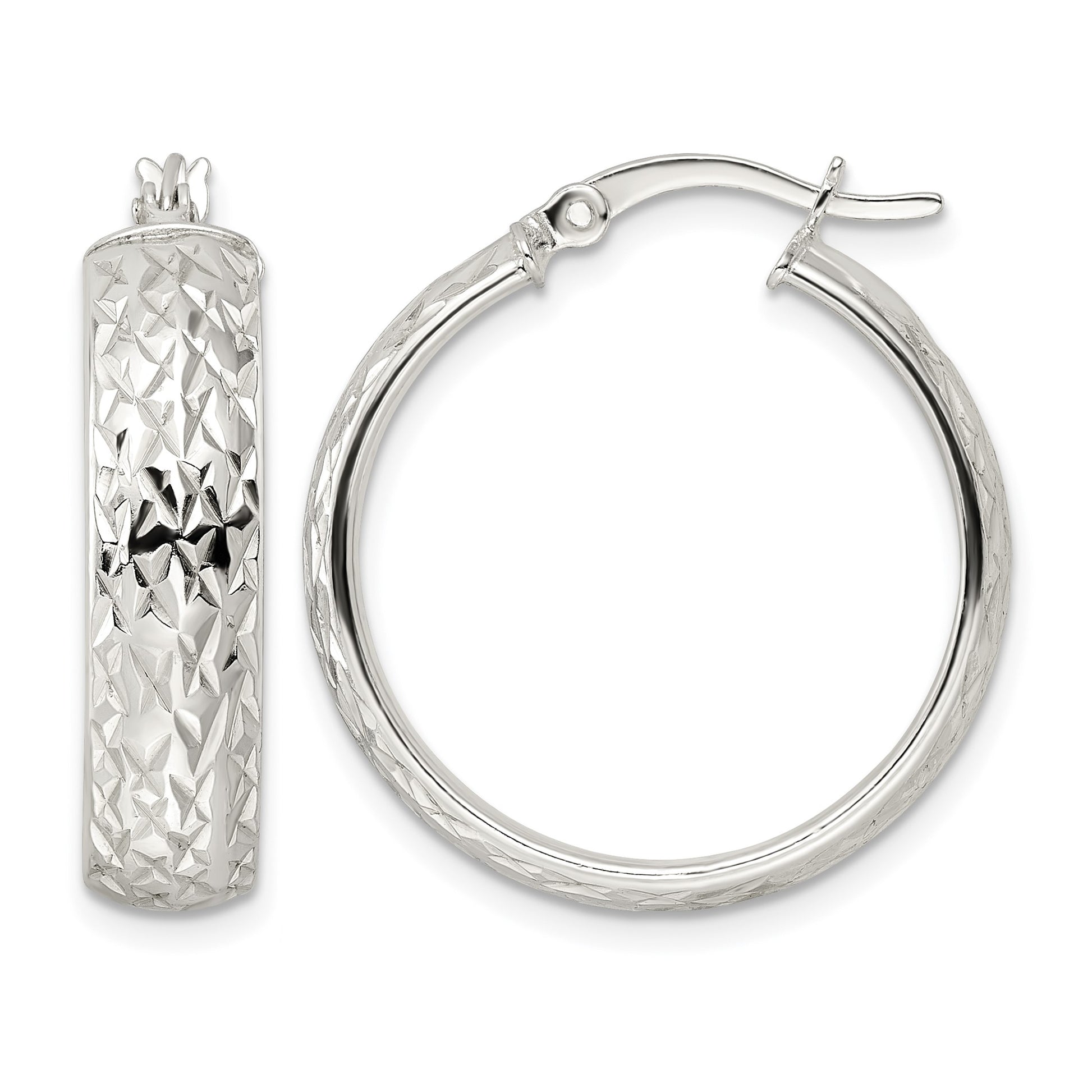 Sterling Silver Diamond-cut 6x25mm Hoop Earrings