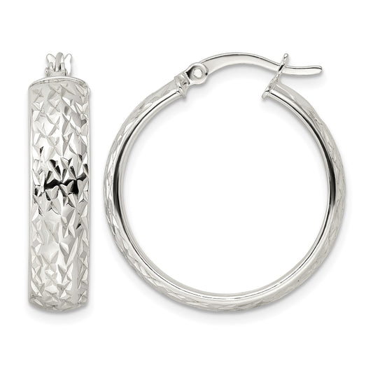 Sterling Silver Diamond-cut 6x25mm Hoop Earrings