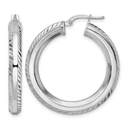 Sterling Silver Rhodium-plated 5x34mm D/C Octagon Tube Hoop Earrings