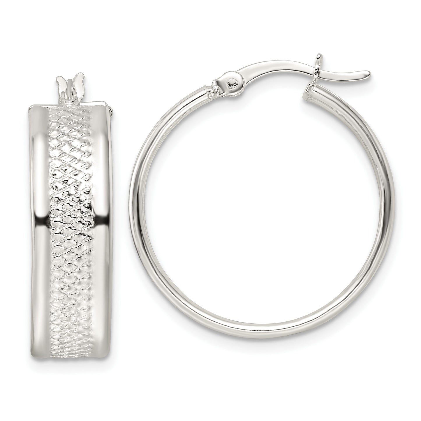 Sterling Silver Polished Textured 7.5x25mm Hoop Earrings