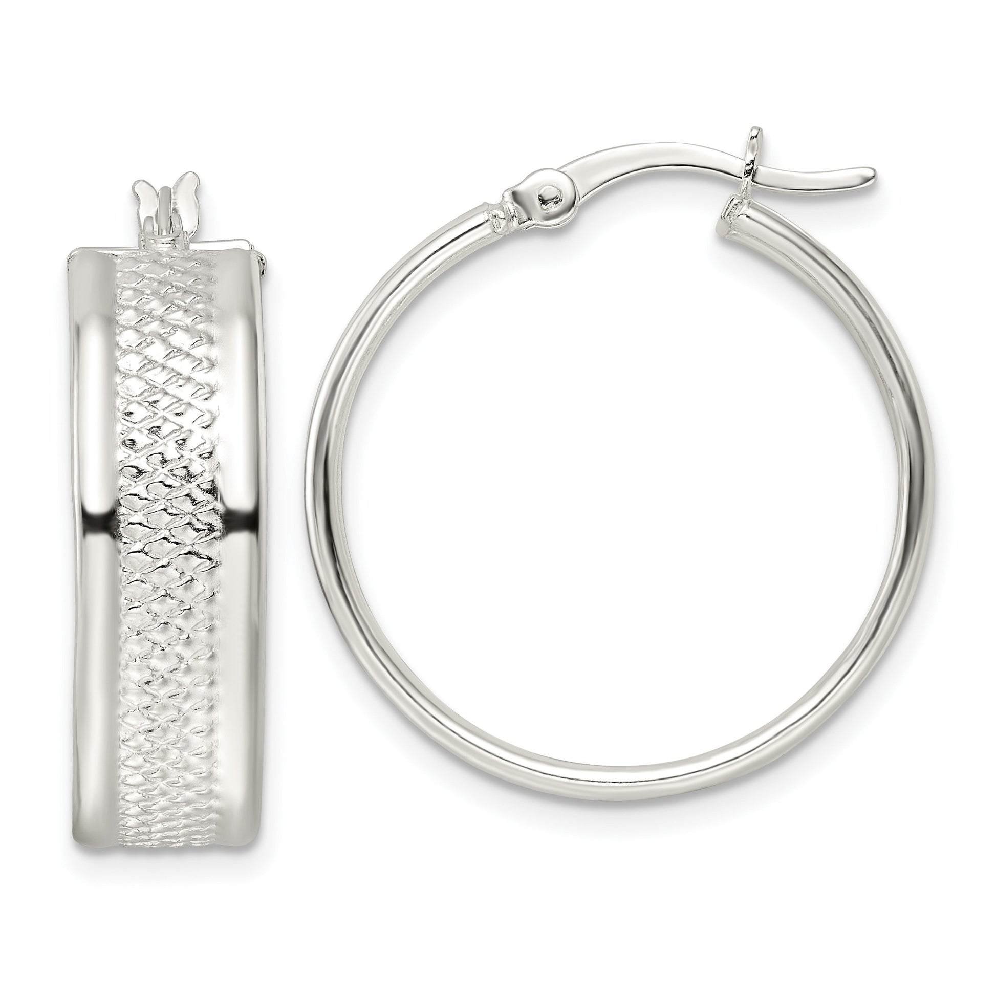 Sterling Silver Polished Textured 7.5x25mm Hoop Earrings