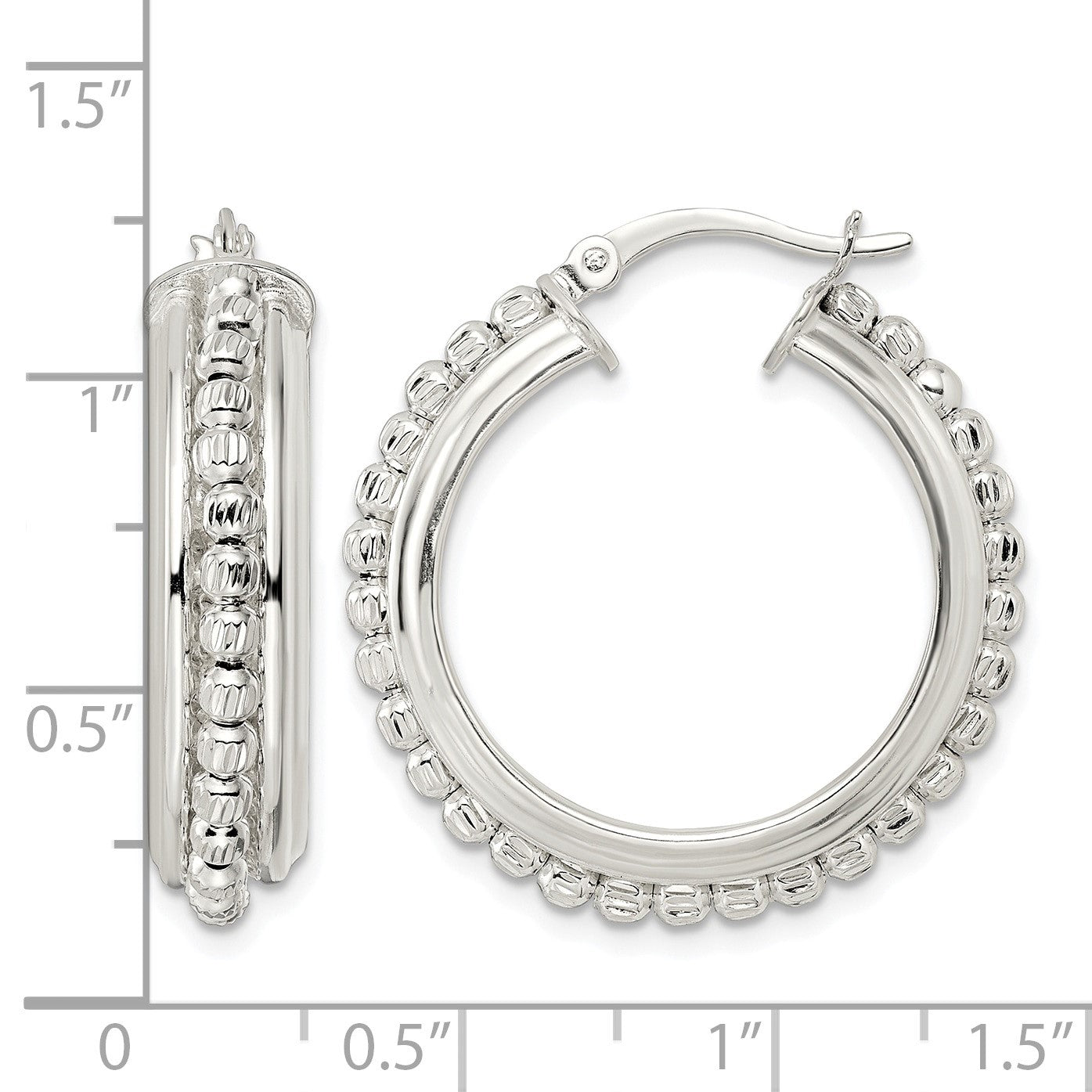 Sterling Silver Polished and DIamond-cut Beaded Hoop Earrings