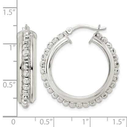 Sterling Silver Polished and DIamond-cut Beaded Hoop Earrings