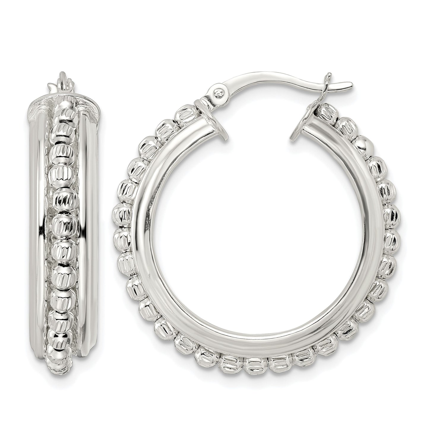 Sterling Silver Polished and DIamond-cut Beaded Hoop Earrings