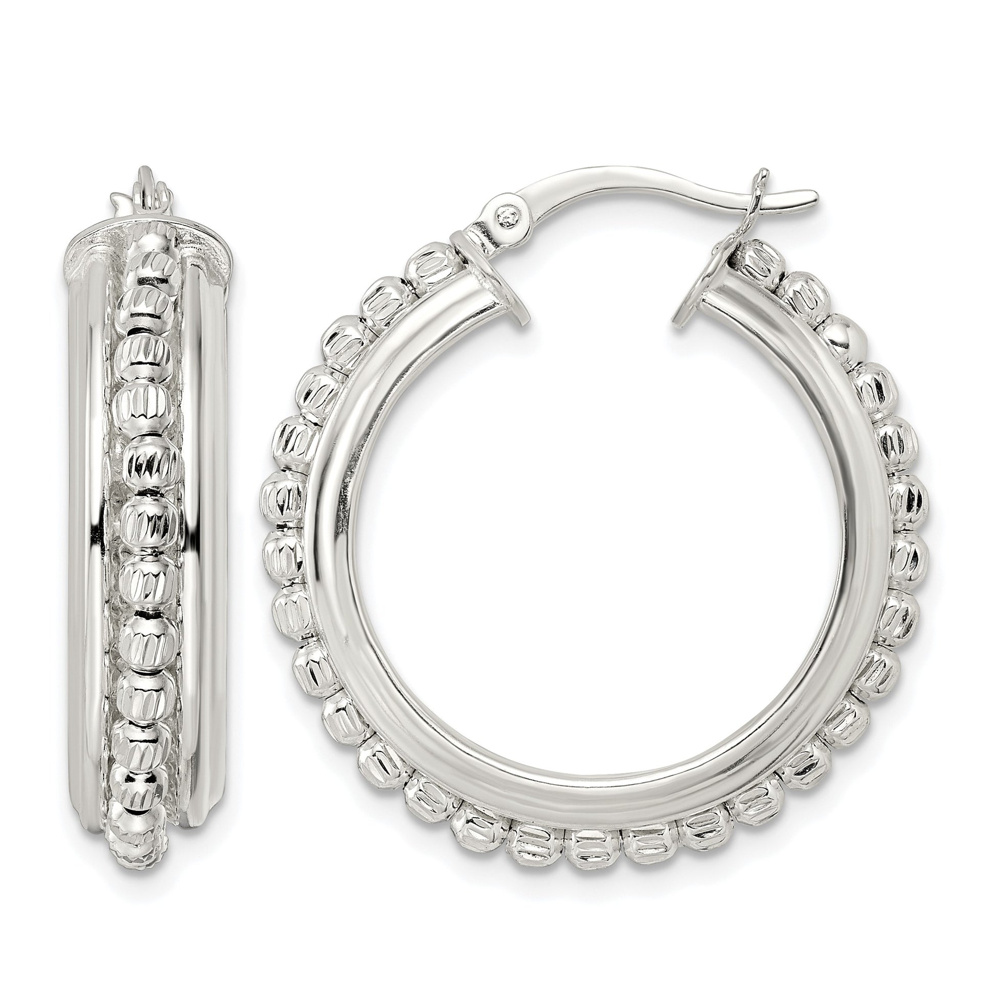 Sterling Silver Polished and DIamond-cut Beaded Hoop Earrings
