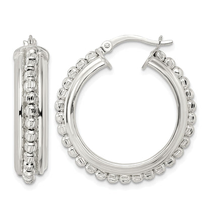 Sterling Silver Polished and DIamond-cut Beaded Hoop Earrings