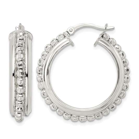 Sterling Silver Polished and DIamond-cut Beaded Hoop Earrings