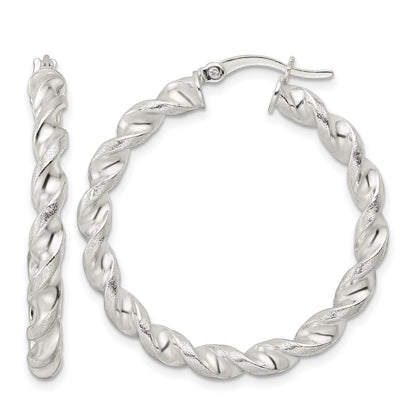 Sterling Silver Polished and Textured Twisted Circle Hoop Earrings