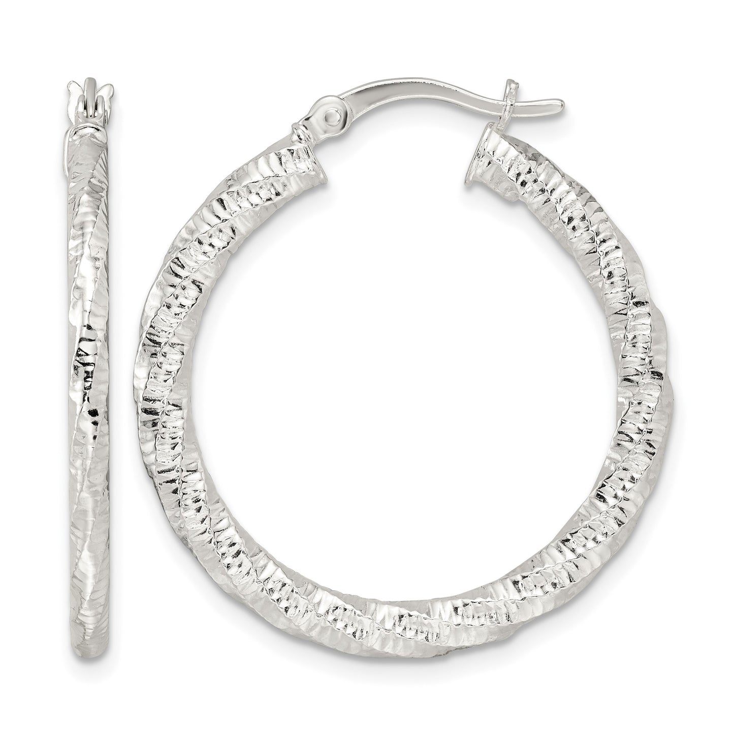 Sterling Silver Polished and Textured Twisted Hoop Earrings