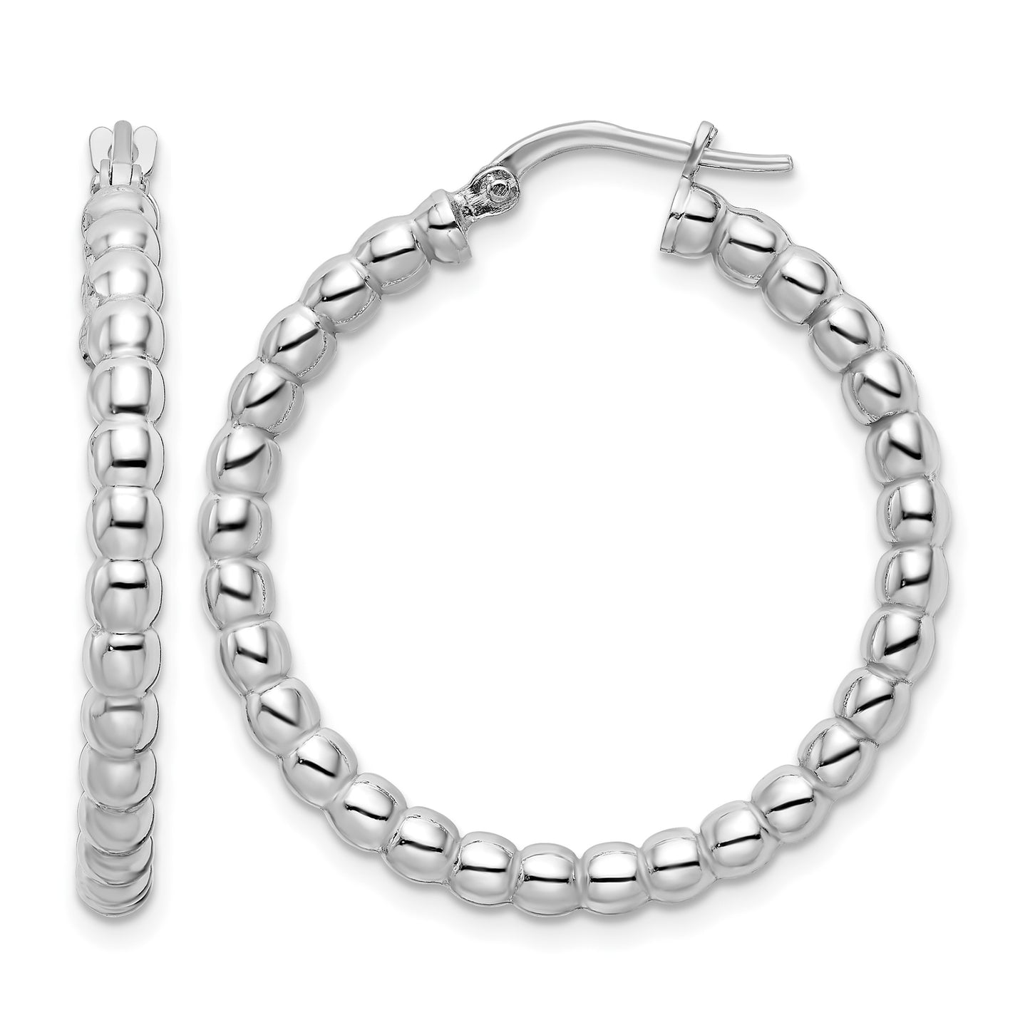 Sterling Silver Rhodium-plated Polished 3mm Beaded Hoop Earrings