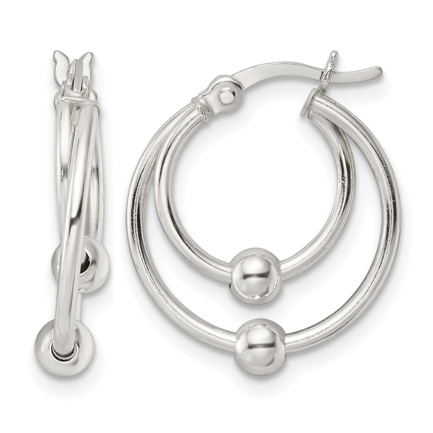 Sterling Silver Polished Double Circle Beaded Hoop Earrings