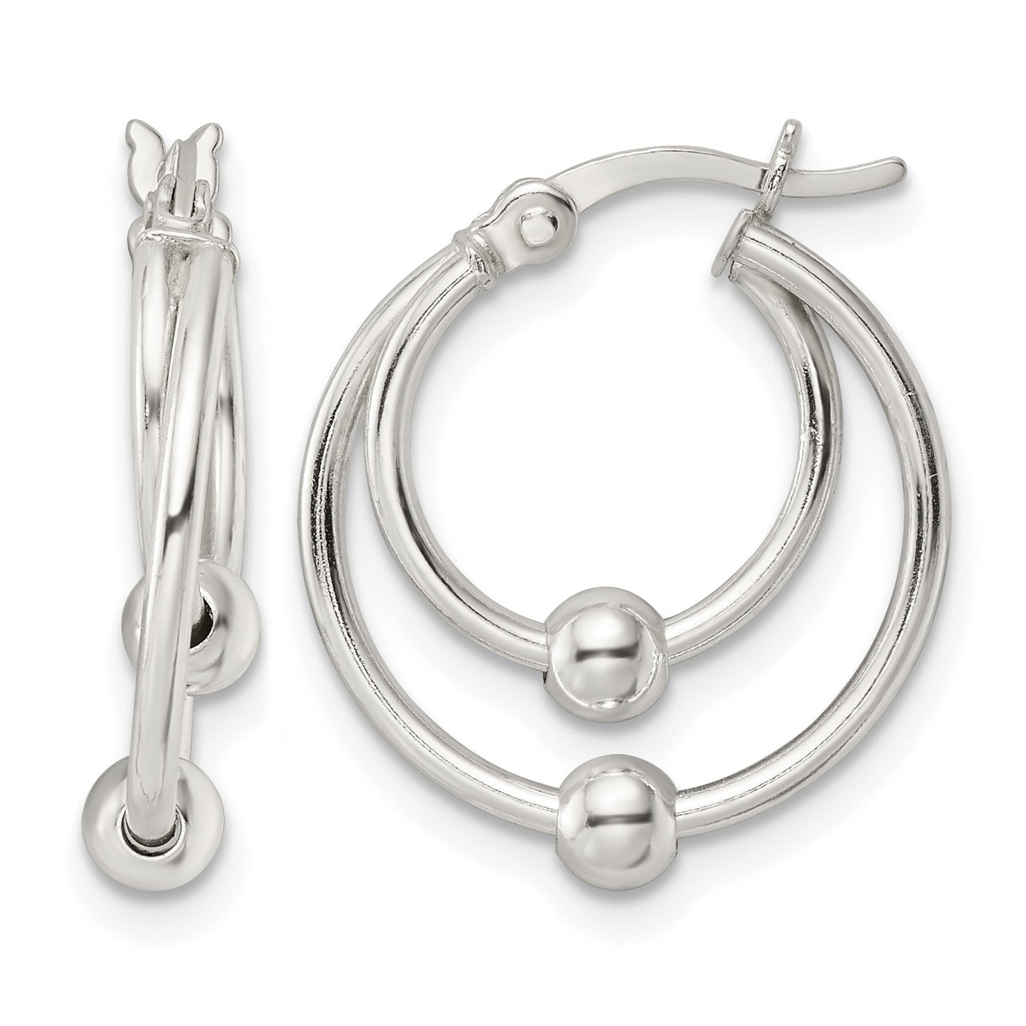 Sterling Silver Polished Double Circle Beaded Hoop Earrings