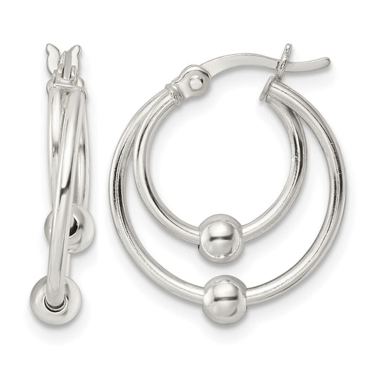Sterling Silver Polished Double Circle Beaded Hoop Earrings